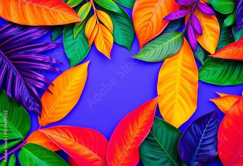 Vibrant neon tropical leaves flat lay, fluorescent color palette, plants, visual