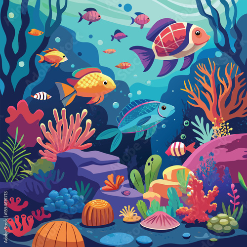 A stylized underwater coral reef teeming with tropical fish, jellyfish, and sea turtles.eps