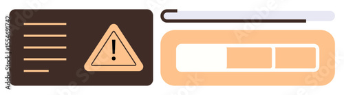 Exclamation triangle warning near text lines, loading bar, and progress blocks. Ideal for error messages, progress tracking, system notifications, caution signals, alert systems, and UI concepts in