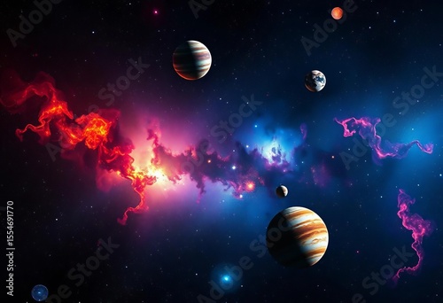 Vibrant stars and planets burst across a dark, cosmic canvas,  cosmos, celestial