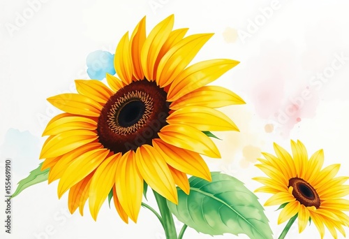 Vibrant watercolor sunflower, hand-painted botanical illustration, flower, background