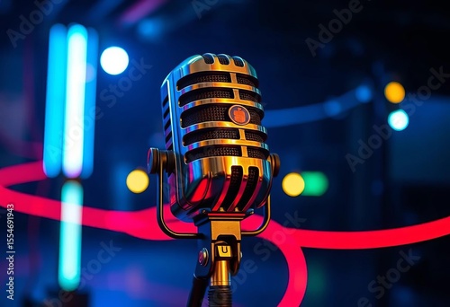 Vintage microphone, neon light trails, artistic backdrop,  vibrant,  audio