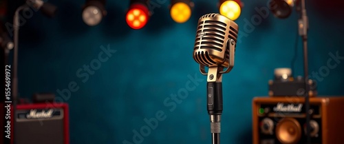 Vintage microphone on retro stand, studio setting,  mic,  studio
