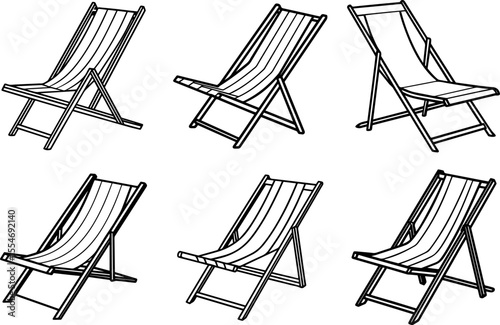 Set of Deck chair black outline vector and illustration, coloring book page