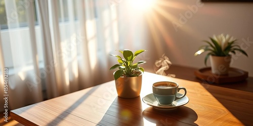 Warm sunlight streams onto a wooden coffee table, adorned with a potted plant and a steaming cup of coffee,   cozy atmosphere,  home decor