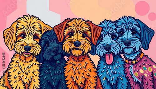 Whimsical dog doodles in vibrant Mediterranean colors, charming linear details, coquette style,  greece,  whimsical