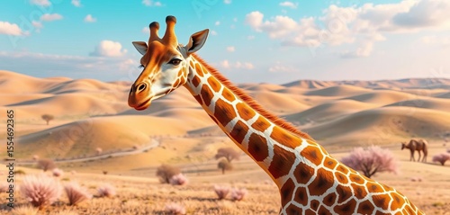 Whimsical giraffe with spiraling neck, surreal landscape, pastel colors,  long neck,  colorful