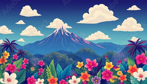 Whimsical floral landscape with stylized mountains, tropical foliage, and fluffy clouds , whimsical, pattern