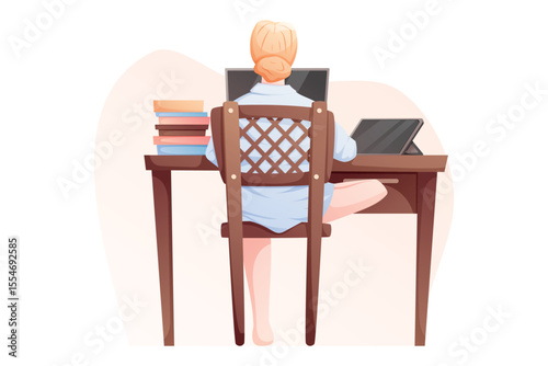 Back view vector cartoon illustration of a woman studying or working remotely at a desk with laptop, tablet, and books. Perfect for themes of online education, freelance work, or productivity at home.