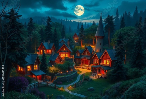 Whimsical village at nightfall, glowing houses nestled in a fantastical forest,  scene,  game