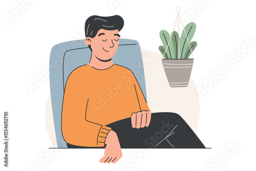 Vector flat isolated illustration of a young man relaxing in an armchair. Minimal interior with indoor plant. Perfect for concepts of rest, mindfulness, daily routine, and modern lifestyle visuals.