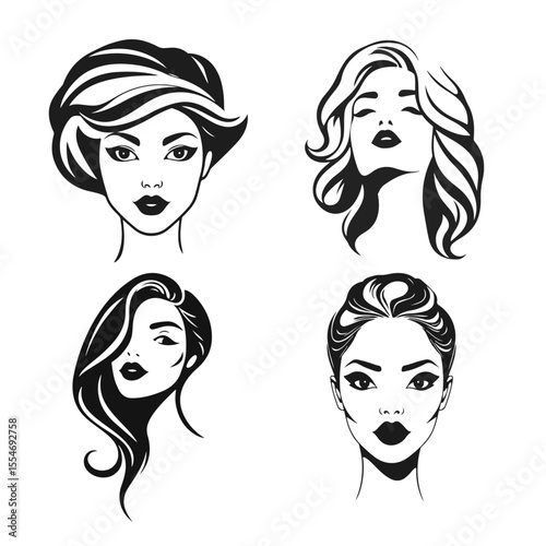 Elegant female face silhouette collection, woman vector, beauty salon logo, lady face outline, stylish girl head design
