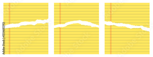 Three sections of torn yellow notepad paper display an artistic take on note-taking, highlighting the texture and irregular edges.