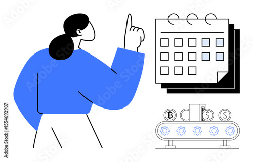 Woman pointing at calendar while automated machine processes currency, symbolizing planning, time management, productivity, financial organization, decision-making, prioritization, and automation