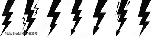 Graphic illustration displaying a set of seven different black thunderbolts symbols on a clean, white background, striking and bold.