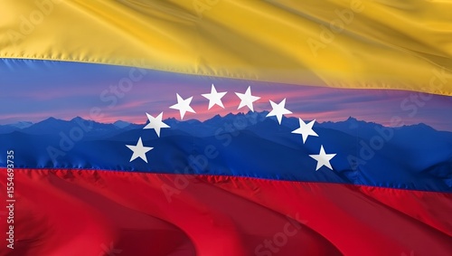 Venezuelan Flag Waving Over Andes Mountains at Sunset, Dramatic Panoramic Landscape