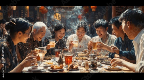 Happy Asian Family Dinner  Traditional Food  Festive Gathering