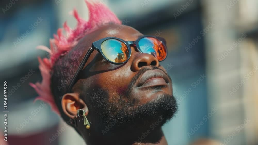 A man wearing a pink mohawk and sunglasses, great for alternative culture or punk rock theme