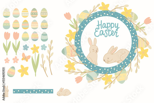 Pastel Happy Easter wreath with cute bunnies, decorated eggs, spring flowers, willow branches and tulips in soft vintage colors for Easter cards and invitations