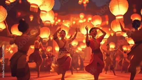 Lantern Festival  Women Dancing with Floating Lanterns