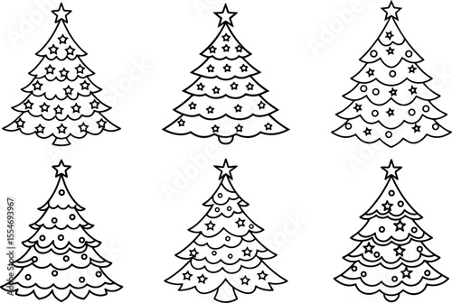 Set of Christmas tree black outline vector and illustration, coloring book page