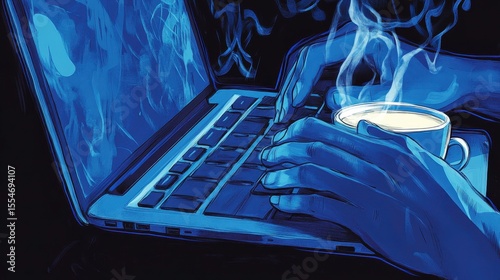 Night Work  Laptop  Hot Drink  Hands Typing