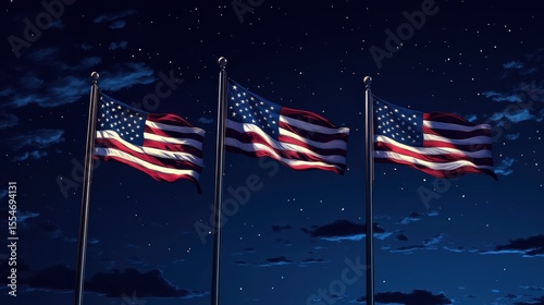 Three American Flags at Night  Stars and Stripes  Patriotism