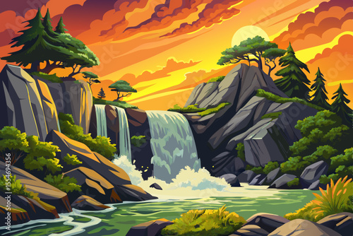 moss-covered rocks with a small waterfall and vibrant greenery, Highly detailed vector illustration	