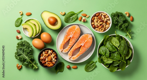 Keto diet concept - salmon, avocado, eggs, nuts and seeds, bright green background, top view