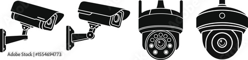 Security camera collection featuring dome, bullet and pan tilt zoom options in black silhouettes to emphasize safety.