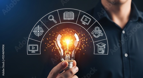Glowing Lightbulb Held in Hand with Surrounding White Line Icons of Education Business and Technology Concepts