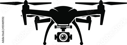 Sleek black drone design hovers with camera, perfect for aerial footage and innovative tech projects in a simple, minimalist style.