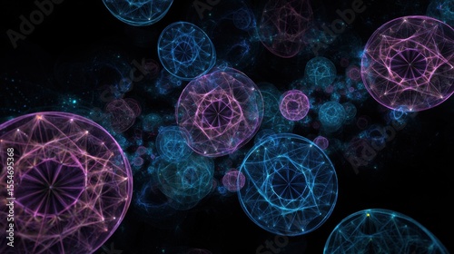 Abstract digital illustration featuring colorful spheres with intricate geometric patterns, floating in a dark space, representing concepts of technology, science, and innovation