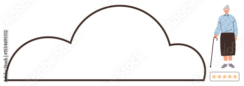 Elderly woman using cane beside a large outlined cloud shape and 5-star rating bar. Ideal for senior services, customer feedback, retirement, care, wellness, trust, abstract technology. Simple flat