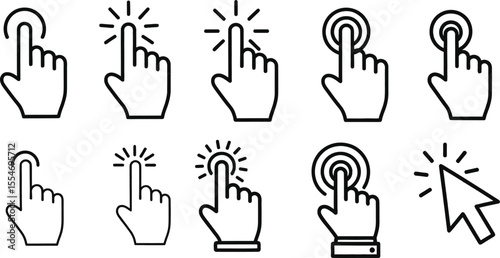 Collection of cursor and hand pointer icons, symbolizing click, touch, and selection for modern interfaces.