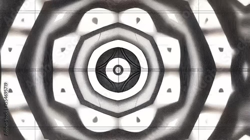 Abstract geometric pattern in black and white with intricate shapes and symmetry.