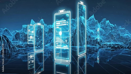 Futuristic scene featuring glowing battery icons in a digital landscape.