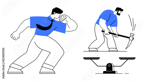Dynamic poses of a businessman flexing and a worker with pickaxe, alongside scales. Ideal for balance, teamwork, equality, justice, labor, business decision-making. Simple flat metaphor