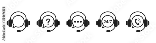 Customer service and support icon set. Headset with speech bubble vector illustration. Vector illustration 