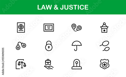 Law and Justice Line Icon Set – Modern, Professional Thin Outline Icons for Legal System, Court, Criminal Justice, Police, Crime, and Investigation