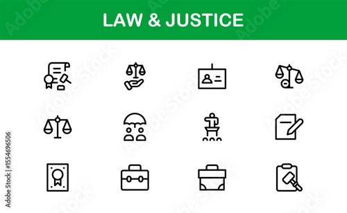 Law and Justice Line Icon Set – Modern, Professional Thin Outline Icons for Legal System, Court, Criminal Justice, Police, Crime, and Investigation
