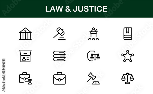 Law and Justice Line Icon Set – Modern, Professional Thin Outline Icons for Legal System, Court, Criminal Justice, Police, Crime, and Investigation