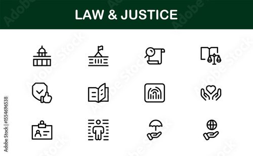 Law and Justice Line Icon Set – Modern, Professional Thin Outline Icons for Legal System, Court, Criminal Justice, Police, Crime, and Investigation