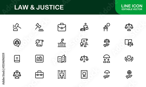 Law and Justice Line Icon Set – Modern, Professional Thin Outline Icons for Legal System, Court, Criminal Justice, Police, Crime, and Investigation