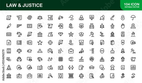 Law and Justice Line Icon Set – Modern, Professional Thin Outline Icons for Legal System, Court, Criminal Justice, Police, Crime, and Investigation