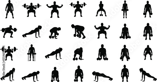 Fitness silhouette poses illustrate various exercises for strength training and healthy lifestyle progression, promoting wellness