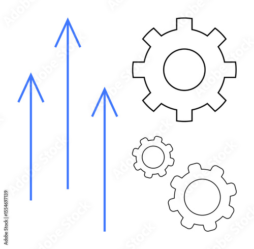 Blue upward arrows and three gears suggest growth, innovation, and teamwork. Ideal for teamwork, business, progress, technology, success, process simple landing page