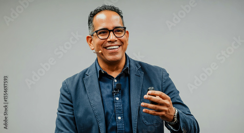 Smiling man with glasses wearing a blue blazer and shirt, holding a small object while engaging with an audience, showcasing confidence and charisma in a professional setting