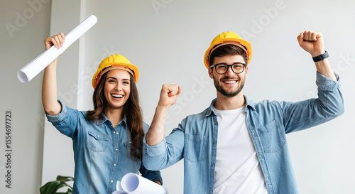 Young professionals celebrating success in construction project, wearing safety helmets, holding blueprints, showcasing teamwork and enthusiasm in modern office environment