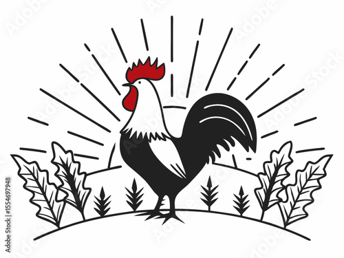 Vibrant Rooster Icon With Sunrise Background Proud Pose Scalable Graphic